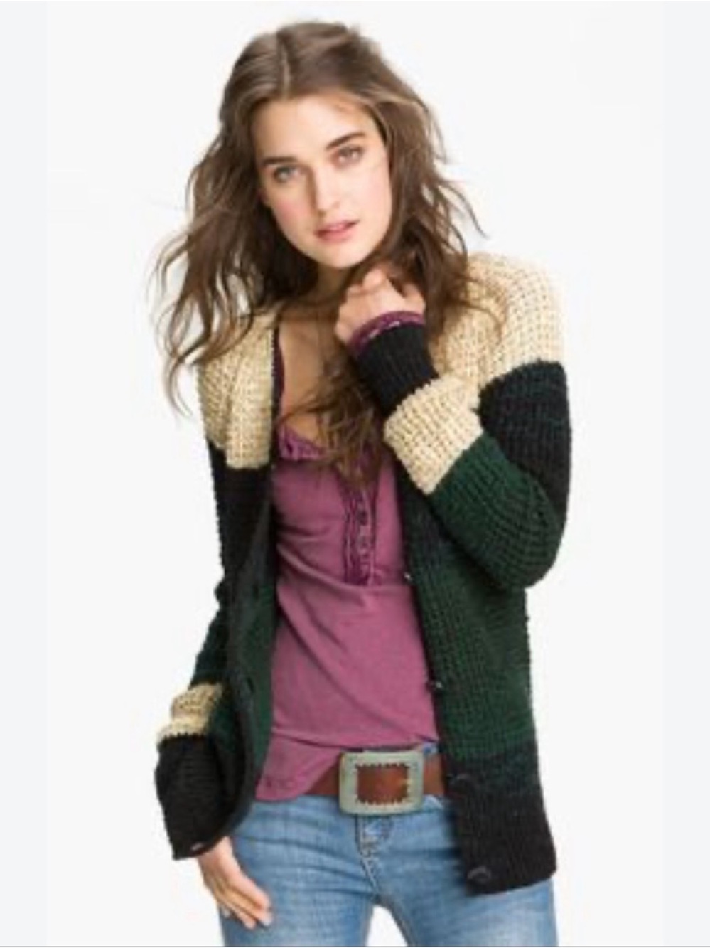 Free People 'Lake Tahoe' Colorblock Cardigan Sweater in Tan Black and Green S
